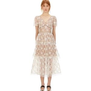 Self-Portrait  FLOWER SEQUIN PUFF SLEEVED Mesh MIDI DRESS